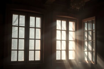 Three paneled windows letting in light in a dark room