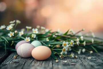 Three pastel eggs rest on weathered wood surrounded by small white flowers