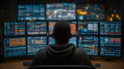 Data analyst reviewing financial charts at night in a dimly lit control room
