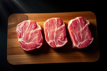 Three raw pork steaks on a wooden cutting board showcasing marbling and fresh color under a bright light
