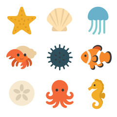 Marine Icon Grid. Flat icon set of marine life encounters: starfish, seashell, jellyfish, hermit crab, sea urchin, clownfish, sand
