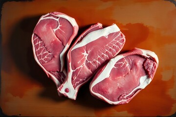 Three raw meat cuts on a wooden surface featuring marbling and fat around the edges