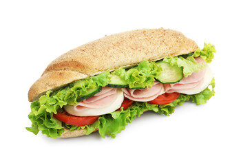 Tasty baguette sandwich with ham and vegetables isolated on white