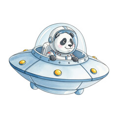 Charming panda astronaut peeking out froma futuristic flying saucer vector illustration. Panda wears helmet. UFO perfect for children's books.