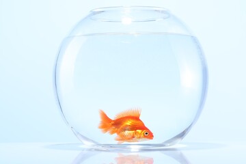 Gold fish swimming in aquarium with clean water on light grey background