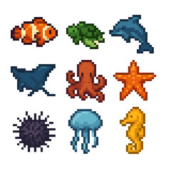 Marine Pixel Icons. Pixel art icon set of marine biodiversity: clownfish, sea turtle, dolphin, manta ray, octopus, starfish, sea