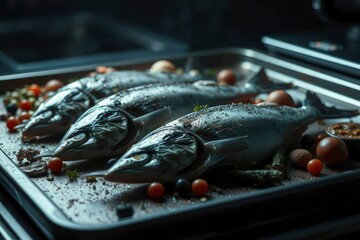Three whole fish on a tray with tomatoes  spices prepared for cooking