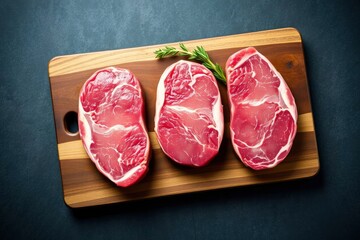 Three raw steaks on a wooden cutting board with a sprig of rosemary