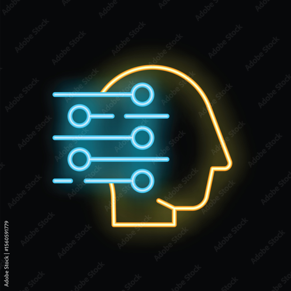 Poster neon sign illustrating data processing with lines and dots moving into a human head, symbolizing art