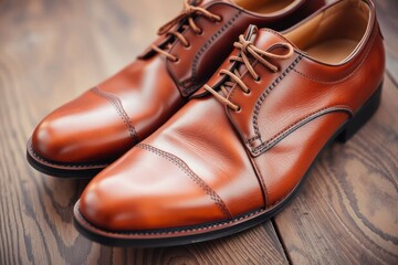 Two brown leather dress shoes with tied laces sit on a wooden surface