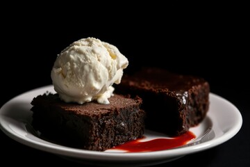 Two brownies sit on a white plate one topped with a scoop of vanilla ice cream and a drizzle of red sauce set against a black background