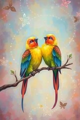 Two colorful parrots perch on a branch against a dreamy backdrop with butterflies