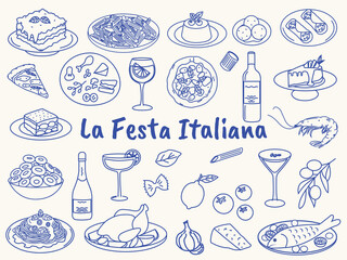Hand drawn Italian cuisine illustrations. Lasagna, pizza, pasta, tiramisu, olives, wine, cheese, seafood, cannoli, and Italian desserts. Traditional Mediterranean dinner doodles. 