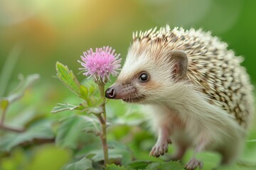 Naklejka premium A curious hedgehog exploring a delicate pink flower in a vibrant green garden setting.