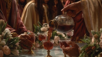 Jesus transforms water into wine at a joyful wedding celebration in a historic setting surrounded by happy guests