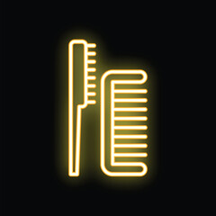 Yellow neon icon of a comb and a hairbrush glowing on a black background