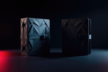 Two origamistyle bound notebooks with geometric patterns and strap closures sit against a dark backdrop