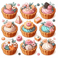 Colorful assortment of decorated cupcakes and sweets in a whimsical style