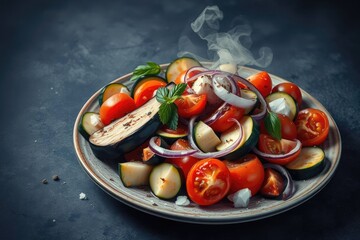 Vegetable salad with tomatoes zucchini eggplant onion and cheese steaming on a plate