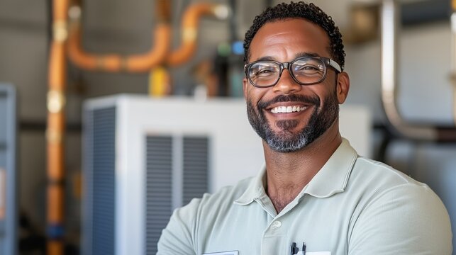 Skilled technician smiles while working in an industrial setting, showcasing expertise in HVAC systems and maintenance