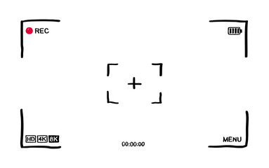 Hand drawn Video screen with rec, viewfinder. Doodle video camera viewfinder frame. Camera recording screen drawing. vector illustration. Display with focus, time, battery for videography.