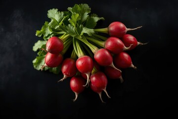 Vivid radishes with vibrant green leaves arranged on a stark dark background