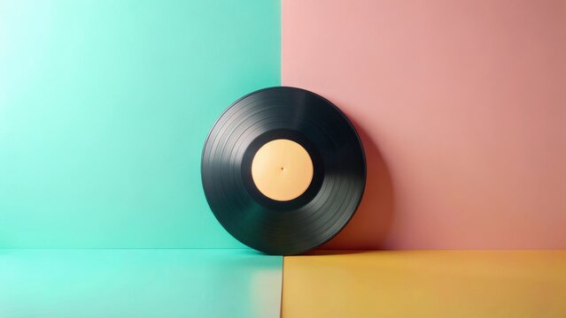 A vinyl record stands against a pastel backdrop, a nostalgic symbol of analog music and timeless style