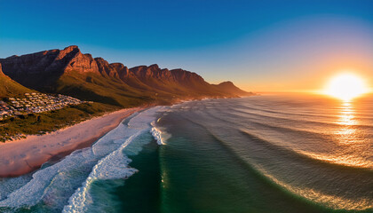 aerial view of sunset over serene waves and majestic mountains along the coastal shoreline scarborough western cape south africa