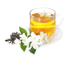 Aromatic jasmine tea in glass cup, flowers and dried leaves isolated on white