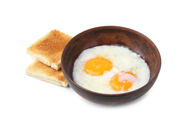 Half-boiled eggs in bowl and toasted bread isolated on white. Traditional asian breakfast