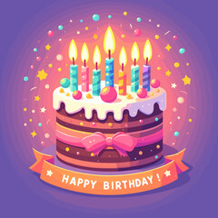 Festive birthday cake with candles, decorations, and a joyful "Happy Birthday!" banner