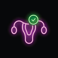 Glowing neon female reproductive system with green check mark representing women's health
