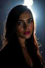 Woman with long dark hair bright lips illuminated against a dark background