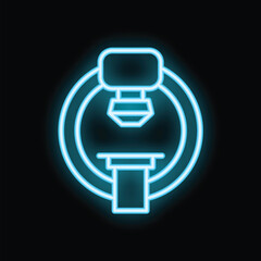 Bright blue neon icon of a ct scan machine glowing on a black background