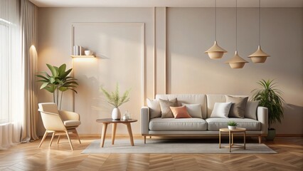 Serene Living Room with Neutral Tones and Natural Light Featuring a Comfortable Sofa and Accent Chair
