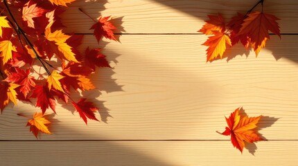 Wood planks adorned with vibrant red and orange maple leaves under dappled sunlight