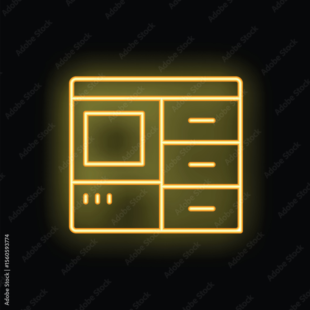 Fototapete bright, glowing yellow neon icon of a website design layout structure on a black background