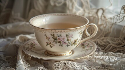 A delicate floral tea cup filled with warm tea, set against a backdrop of soft lace fabric, exuding vintage charm.