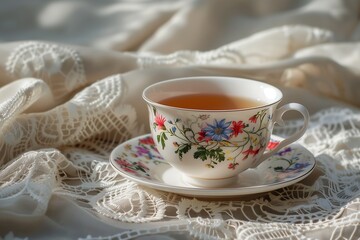 Fototapeta premium A delicate floral tea cup resting on a lace tablecloth, capturing the essence of tranquility and relaxation.