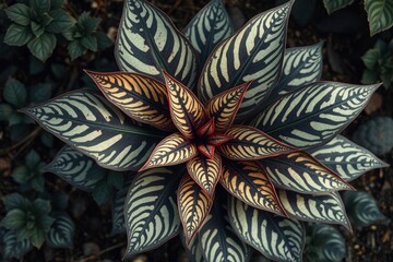 Zebra plant rosette with dark green leaves striped with cream yellow center red edges surrounded by smaller green foliage