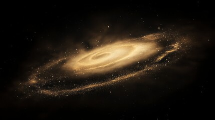 Golden spiral galaxy in dark space.