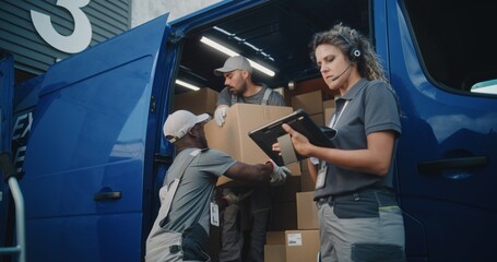 Outside of Logistics Warehouse: Diverse Employees Loading Delivery Truck with Cardboard Boxes,...