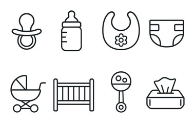 Baby essentials line icons set – minimalist, newborn and infant care symbols