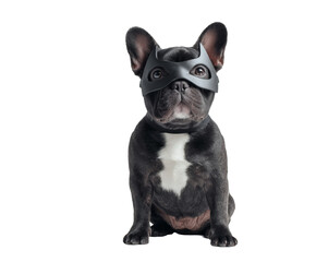 French bulldog in a bat mask striking a superhero pose.