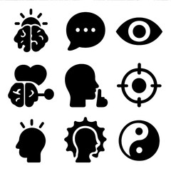 Mental Clarity Icons. Solid, filled icon set of mental clarity and awareness: brain with light, thought bubble, open eye,