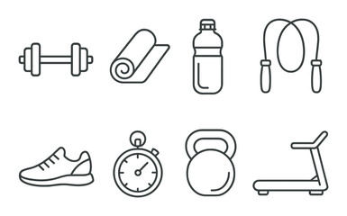 Fitness gear icons set &ndash; outline, exercise and gym equipment symbols