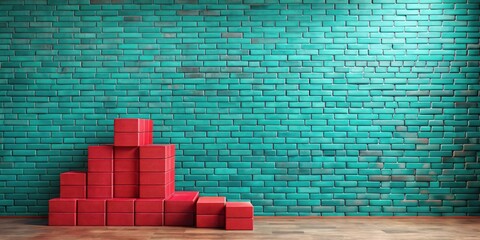 Red blocks forming a pyramid against a teal brick wall
