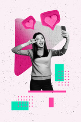 Creative artwork template sketch 3D collage of app online chatting media subscribe like young lady....