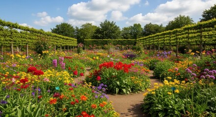 Obraz premium Vibrant Flower Garden with Winding Paths and Lush Greenery