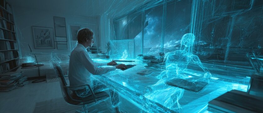 Futuristic workspace with holographic elements, blending virtual and real environments for enhanced productivity.